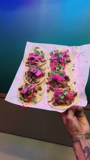Neon Vegan Tacos: Cashew veganaise, crispy seitán, Pico de gallo, cabagge and radish pickled. at Jonny Aldana in Barcelona