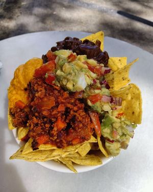 Nachos! 
Sweet potatoes cheddar, textured soy bolognaise, red beans cacao mole, and a new green peas espirulina mole  at Jonny Aldana in Barcelona