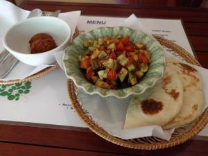 eggplant salad, pitta and extra falafel at Atmosphere in Siem Reap
