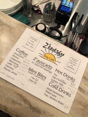 Cafe menu in the morning/afternoon with vegan snacks at Zen'za Pizzeria in London