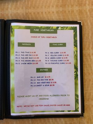 Vegetarian menu at Pad Thai Thai Restaurant in Lemoore