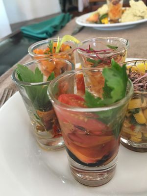 I love these little shots of different salads etc, healthy and yummy! at The Poya Day Vegan Buffet in Mount Lavinia