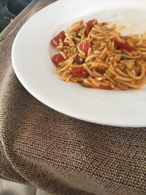 From the pasta station, stock standard tomato pasta at The Poya Day Vegan Buffet in Mount Lavinia