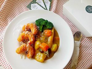 Vegan fried shrimp with rice. at Whisk & Roll in Tainan