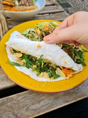 Inside of the tapioca with hummus and tofu at The Food for Real in Lisbon
