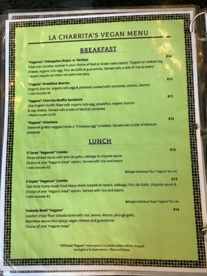 Page 1 of La Charrita vegan menu  at La Charrita in Santa Clarita