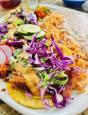 Vegan Adobada tacos plate. Delicious and the beans are on point!   at La Charrita in Santa Clarita