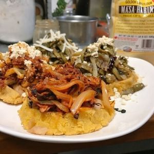 Sopes:
Organic Jackfruit, Coliflor y Soyrizo,  Papa con Rajas, Nopales at La Charrita in Santa Clarita