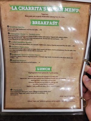 Menu at La Charrita in Santa Clarita
