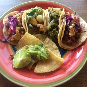 Jackfruit, potato, cactus and soyrizo tacos at La Charrita in Santa Clarita