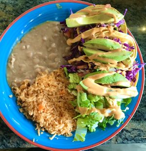 Jackfruit tacos w/ avocado, beans and rice. Delicious! at La Charrita in Santa Clarita