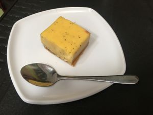 Small passion fruit desert with menu of day at Saudavel in Manizales