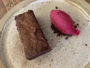 Vegan brownie and beetroot sorbet at Assaggini in Mornington