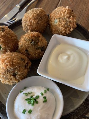 Arancini balls with vegan (round) and non vegan (square) aioli at Assaggini in Mornington