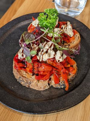 Roast capsicum and cashew cheese bruschetta at Assaggini in Mornington