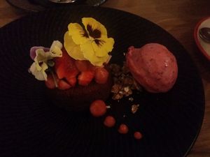Warm orange polenta cake, mixed berry sorbet, strawberries - $14 (sorry about the bad lighting) at Assaggini in Mornington