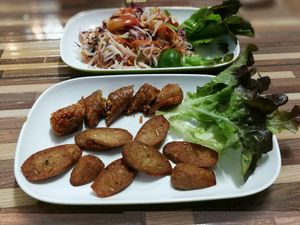 Northern sausage and e-san sausage  at Bee Vegan in Chiang Mai