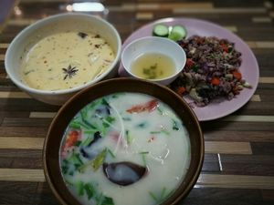 Massaman curry, Tom ka mushroom, 5 colour fried rice  at Bee Vegan in Chiang Mai
