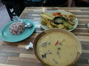 Curry, brown rice and fried veggies at Bee Vegan in Chiang Mai