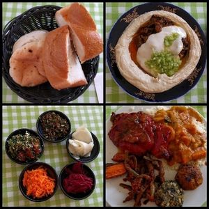 Eggplants hummus, challa and pita, a vegan plate and salads at Galbi - Anat's Place in Tel Aviv