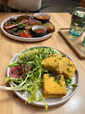 Breakfast plate and cheese croquettes  at Knol & Kool Bistro & Superet in Ghent