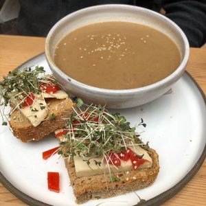 Soup, with rice cheese sandwich. at Knol & Kool Bistro & Superet in Ghent