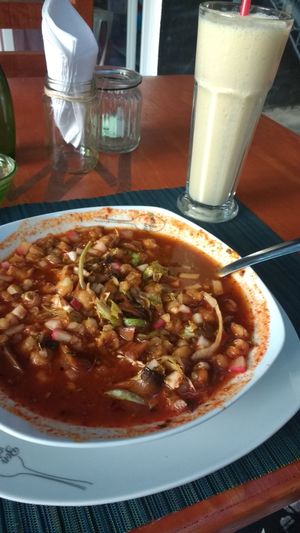 Posole and a jackfruit smoothie at La Casa de lo Natural Origen in Manzanillo