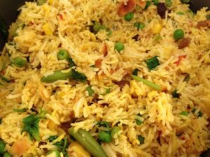 Turmeric spiced vegie rice (aka biryani) at Ru's Veggie Kitchen in Narre Warren