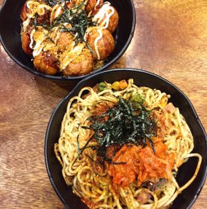 vegan takoyaki balls and fried noodles  at Tian Zhi Yu - Heaven Driven Vegan in Kaohsiung