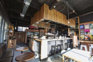 Cafe 164 in Leeds, Summer 2018. The central service area of the cafe. Following a refit in January 2018 the space was reworked to focus around a central island area. at Cafe 164 in Leeds