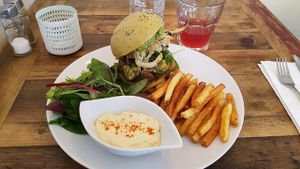 Vegan burger with fries and mayo at Hope in Paris