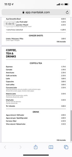 Coffee menu at Simple - Smart Food Bar in Mallorca