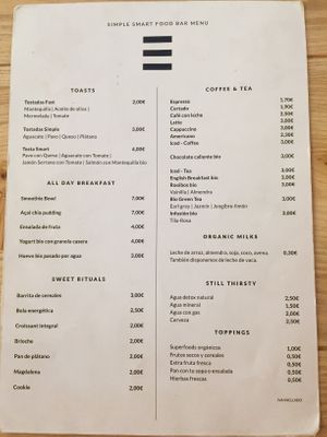 Menu back at Simple - Smart Food Bar in Mallorca