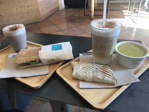 veggie sandwich, wrap & soup of the day, iced coffee and chai latte  at Simple - Smart Food Bar in Mallorca
