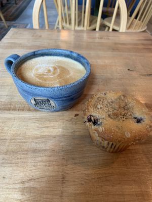 Huge latte and huge blueberry muffin  at Rock Hill Bakehouse Cafe in Glens Falls