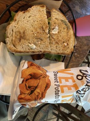 The Game Changer with sweet potato chips    at Rock Hill Bakehouse Cafe in Glens Falls