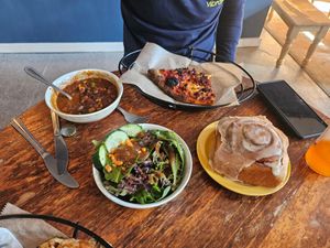 Cinnamon roll, pizza, chili and super special sald  at Rock Hill Bakehouse Cafe in Glens Falls