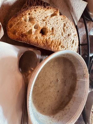 Cream of mushroom soup and house bread   at Rock Hill Bakehouse Cafe in Glens Falls