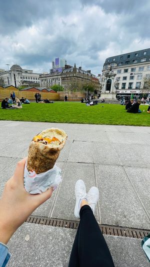 Falafel wrap in the park around the corner   at Go Falafel - Deansgate in Manchester