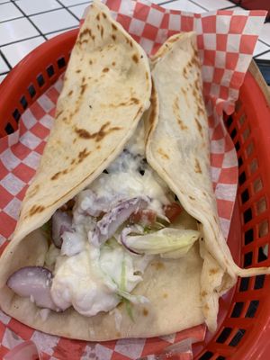 Souvlaki. Pretty tasty, but a bit overpriced at $14 I thought    at Lord of the Fries - Hindley St in Adelaide