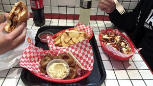 AB, burger, chunky fries & onion rings! at Lord of the Fries - Hindley St in Adelaide