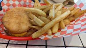Egg & bacon brekkie burger and Classic fries at Lord of the Fries - Hindley St in Adelaide