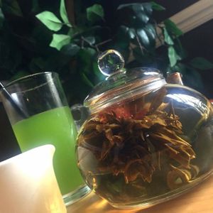 cactus juice and black&gold blooming tea  at Mystery Tea House in Preston