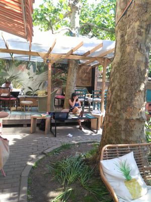 Outside area, quiet and very nicely set up at Cafe Pow in Freiburg