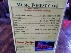 menu at Music Forest Cafe in St Paul