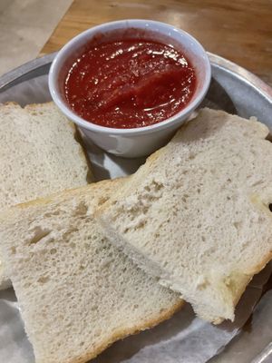 “Garlic” focaccia bread. Served room temp, just tastes like white bread with salt on top    at Pompieri Pizza in Durham