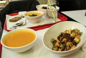 pumpkin soup, tofu salad, sweet potato salad and seitan kung pao at Vegg Go - Plzenska in Prague