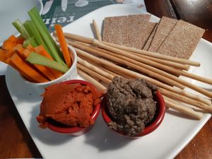 Starter: sun dried tomato pate and babaganoush at Reineta in Madrid