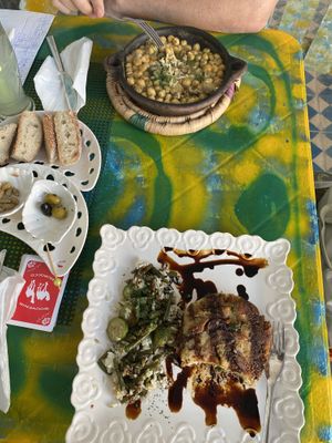 potato soya burger and chickpea mushroom tajine  at Le Corail at Latifa in Essaouira