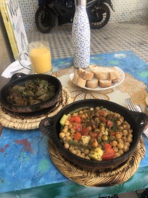 Mushroom, artichoke and aubergine tagine. Chickpea and veg tagine.   at Le Corail at Latifa in Essaouira